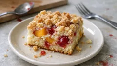 Rychlý drobenkový koláč s broskvemi a višněmi – křupavý a šťavnatý