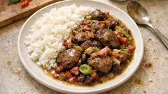 Kuřecí játra na slanině s rýží: rychlý oběd s jemnou omáčkou