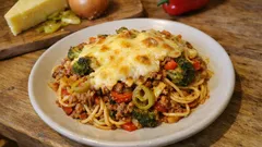 Zapečené špagety s mletým masem a brokolicí: poctivý pekáč se sýrovou kůrkou