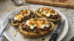 Plněné brambory s masem, smetanou a sýrem: sytá klasika do jedné zapékací mísy