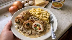 Plněné vepřové závitky na žampionech: šťavnaté maso a omáčka z výpeku