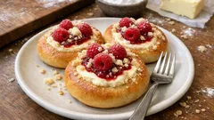 Tvarohové koláče s malinami a drobenkou: vláčné kynuté těsto krok za krokem