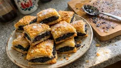 Křehké makové kostky s rumem: jednoduchý moučník z listového těsta ke kávě