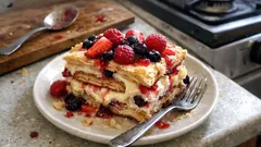 Pudinkové řezy s ovocem a listovým těstem: jednoduchý dezert na plech