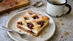 Mřížkový koláč s tvarohem a ovocem na plech – křehký, vláčný a vždy se povede