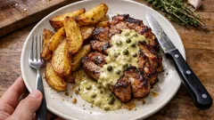 Grilovaná krkovice se smetanovo-hořčičnou omáčkou a domácími americkými bramborami