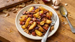 Pečené brambory se slaninou a cibulí: křupavé na plechu a bez zbytečného hlídání