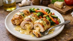 Plněná kuřecí prsa se sýrem a omáčkou: křupavá zvenku, šťavnatá uvnitř