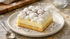 Dezert Mraky na plech: křehké těsto, vanilkový krém a nadýchaná šlehačka