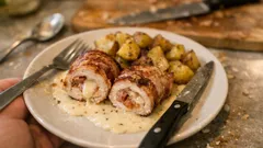 Kuřecí závitky se slaninou a sýrem: poctivý oběd s pečenými bramborami