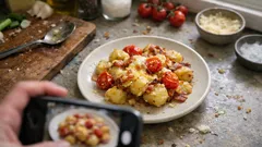 Zapečené brambory se slaninou, cherry rajčaty a sýrem – večeře z jedné mísy