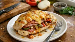 Šťavnatá kuřecí prsa z trouby se šunkou, paprikou a sýrem